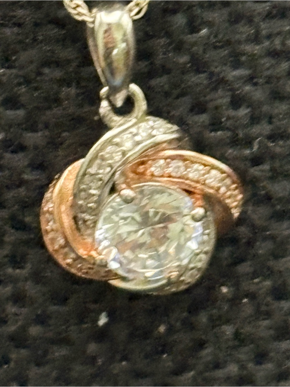 Two-Tone Rose Gold & Silver Knot Pendant Necklace with Clear Stone